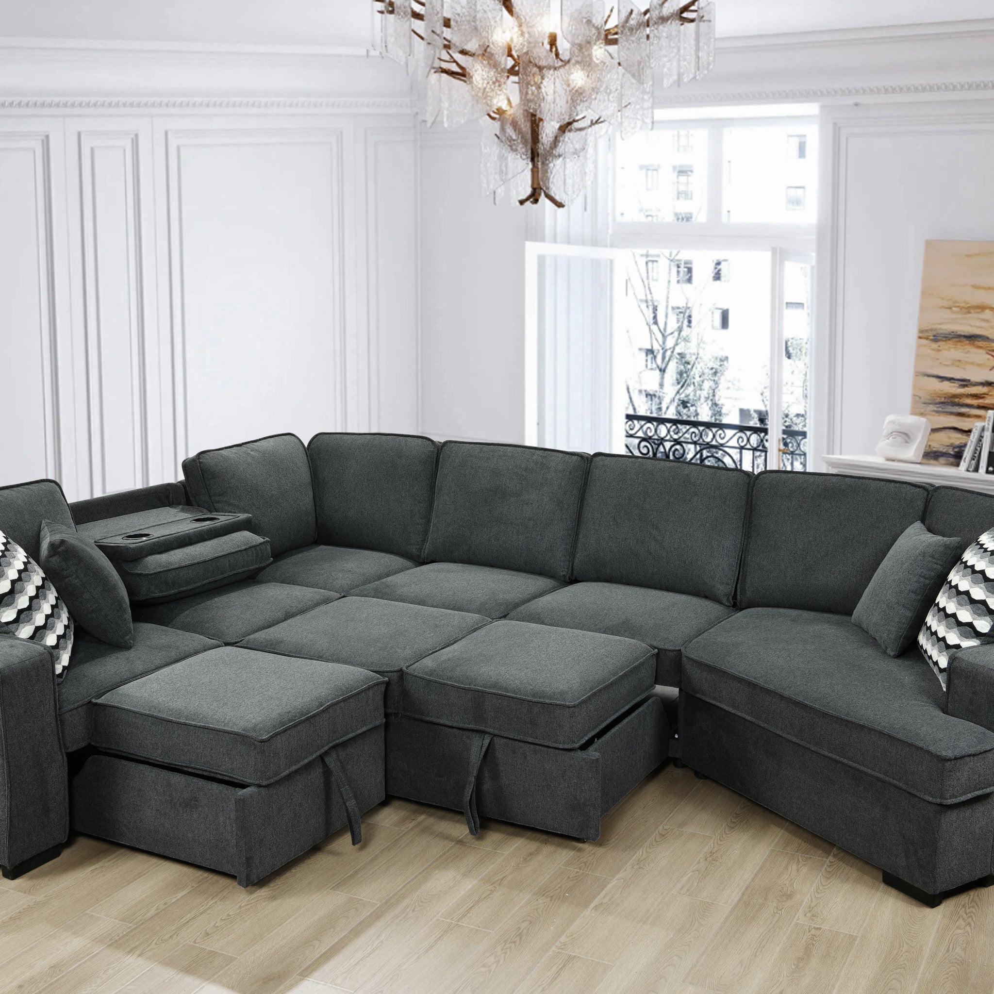 146"Oversized Upholstered Sectional Pull Out Sleeper Bed And Chaise Lounge, U Shaped Sofa With 2 Pull Out Bed, 4 Pillows & 2 Cup Holders On Back Cushions For Home, Bedroom, Apartment, Dark Gray Light Brown Wood Primary Living Space Heavy Duty Eucalyptus