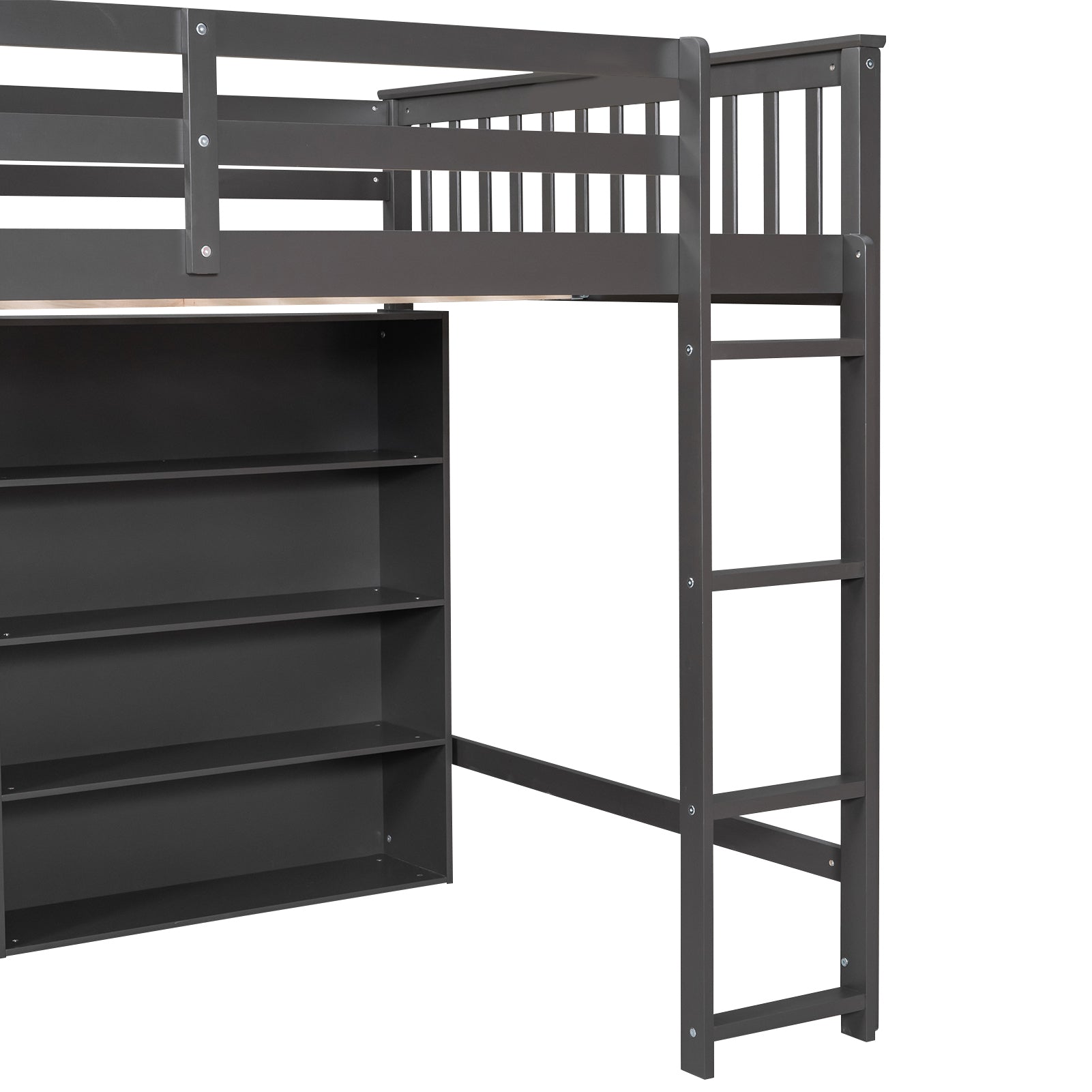 Full Size Loft Bed With 8 Open Storage Shelves And Built In Ladder, Gray Gray Solid Wood Mdf