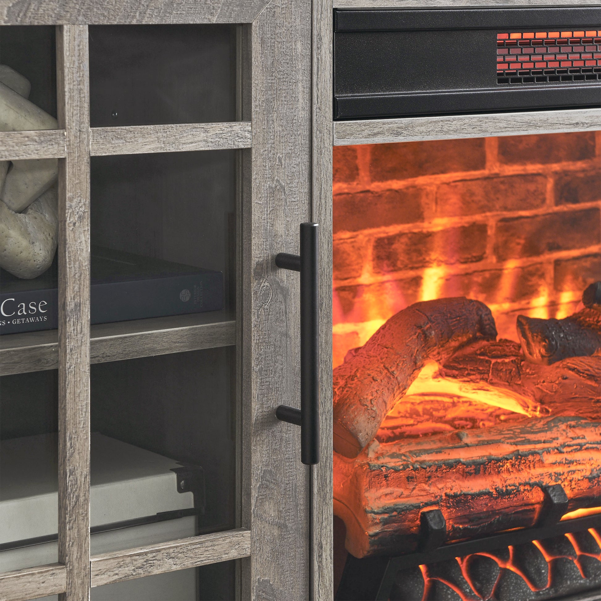 55 Inch Tv Media Stand With Electric Fireplace Kd Inserts Heater,Gray Wash Color Powder Coated Electric Gray Wash Vent Free Primary Living Space Yes Insert Temptered Glass Stainless Steel Mdf Electric