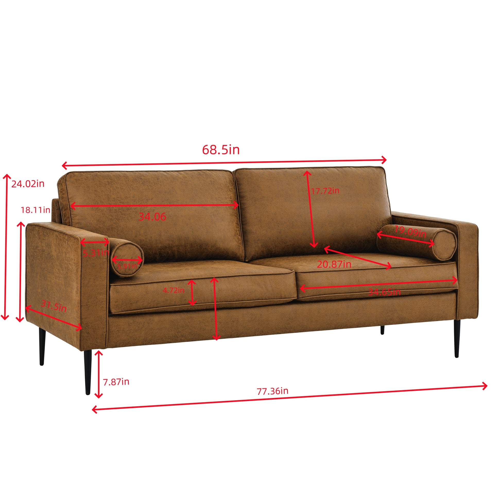 79"Mid Century Modern Couch With High Tech Fabric Surface Upholstered Cushions Pillows,Seat Sofas&Couches For Living Room Apartment Office, Large Brown Brown Wood Primary Living Space Soft Cushion Back American Design Square Arms Polyester Fabric 2 Seat
