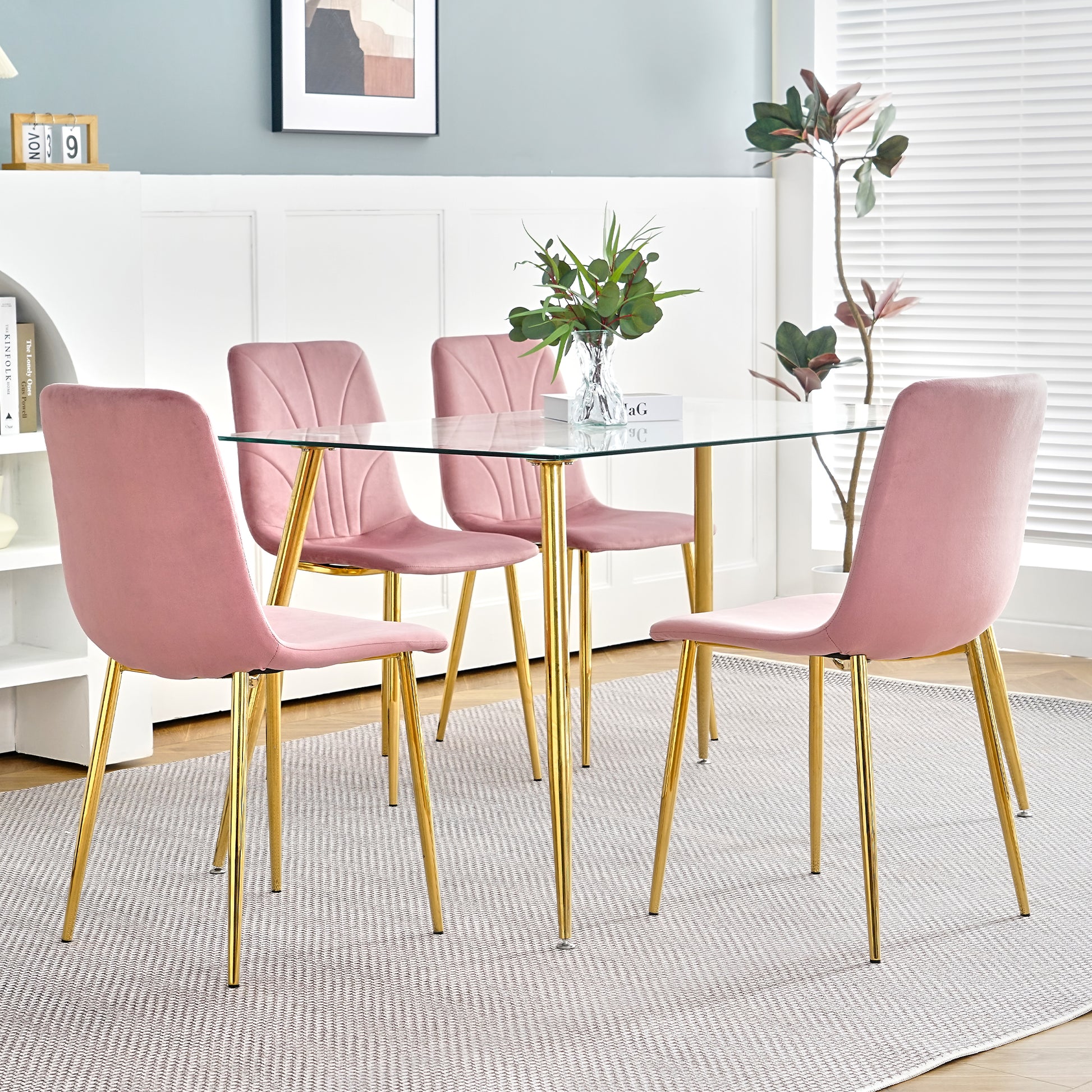 Modern Simple Light Luxury Dining Pink Chair Home Bedroom Stool Back Dressing Chair Student Desk Chair Gold Metal Legs Set Of 4 Pink Metal