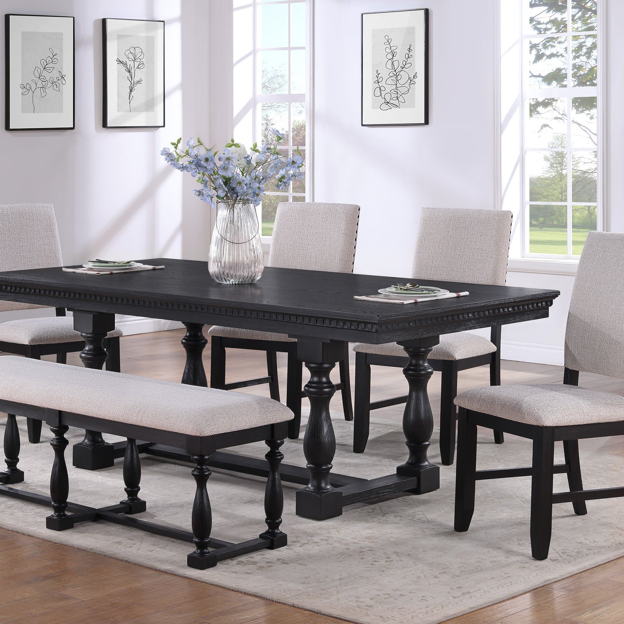 Rustic Traditional Black Finish Dining Set Rectangle Table Fabric Upholstered Bench Tufted Trim Chairs 6Pc Set Wood Wood Black Seats 6 Wood Dining Room Fixed Table Rustic,Traditional,Vintage Rectangular Rectangular Dining Table With Chair And Bench Wood
