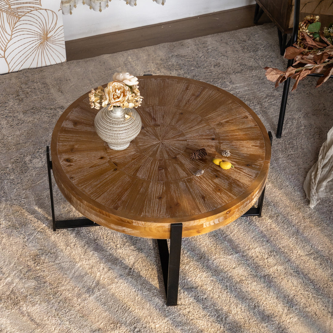 33.46"Retro Drawing Technology Splicing Round Coffee Table,Fir Wood Table Top With Black Cross Legs Base Natural Mdf Steel