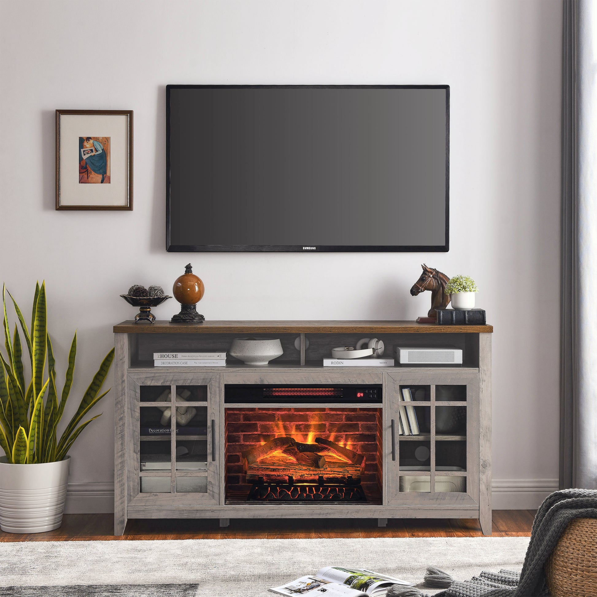 55 Inch Tv Media Stand With Electric Fireplace Kd Inserts Heater,Gray Wash Color Powder Coated Electric Gray Wash Vent Free Primary Living Space Yes Insert Temptered Glass Stainless Steel Mdf Electric