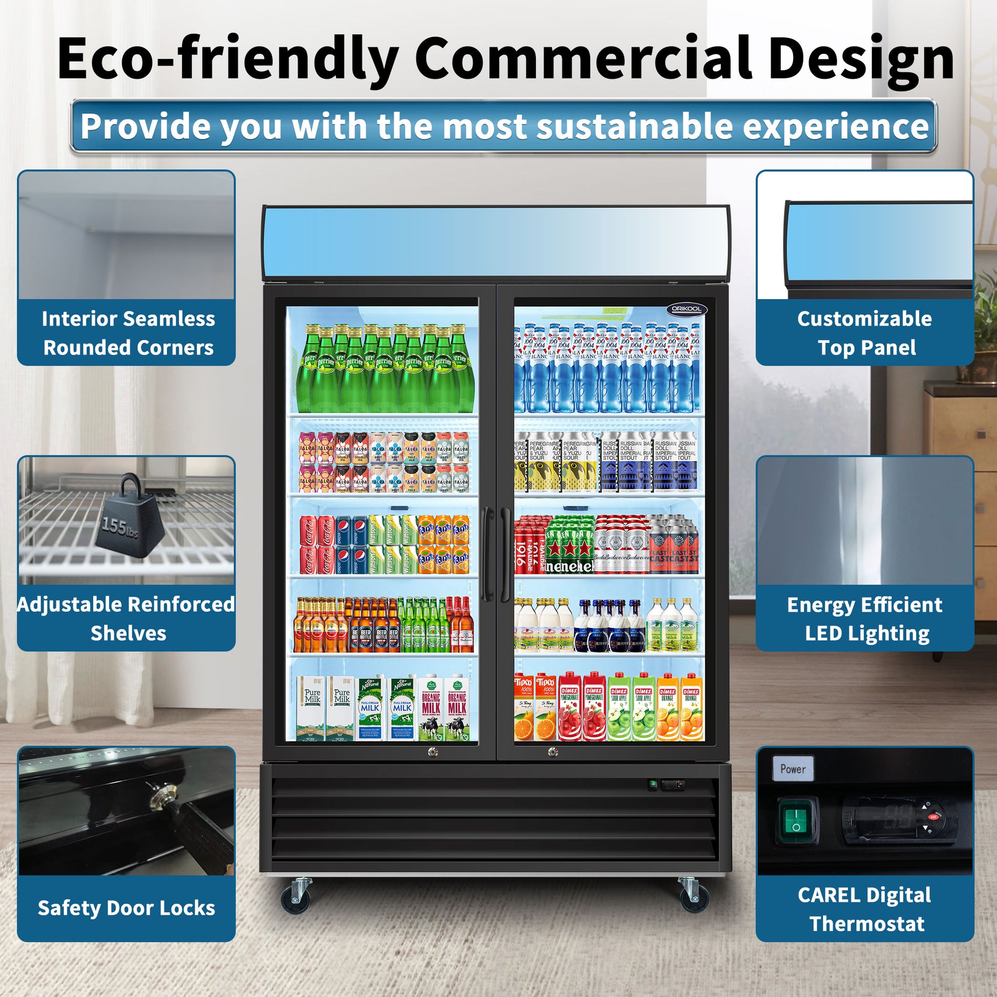 Orikool Glass Door Merchandiser Refrigerator 44.7 Cu.Ft Swing Door Commercial Display Refrigerators Merchandising Refrigeration With Led Top Panel Black Steel