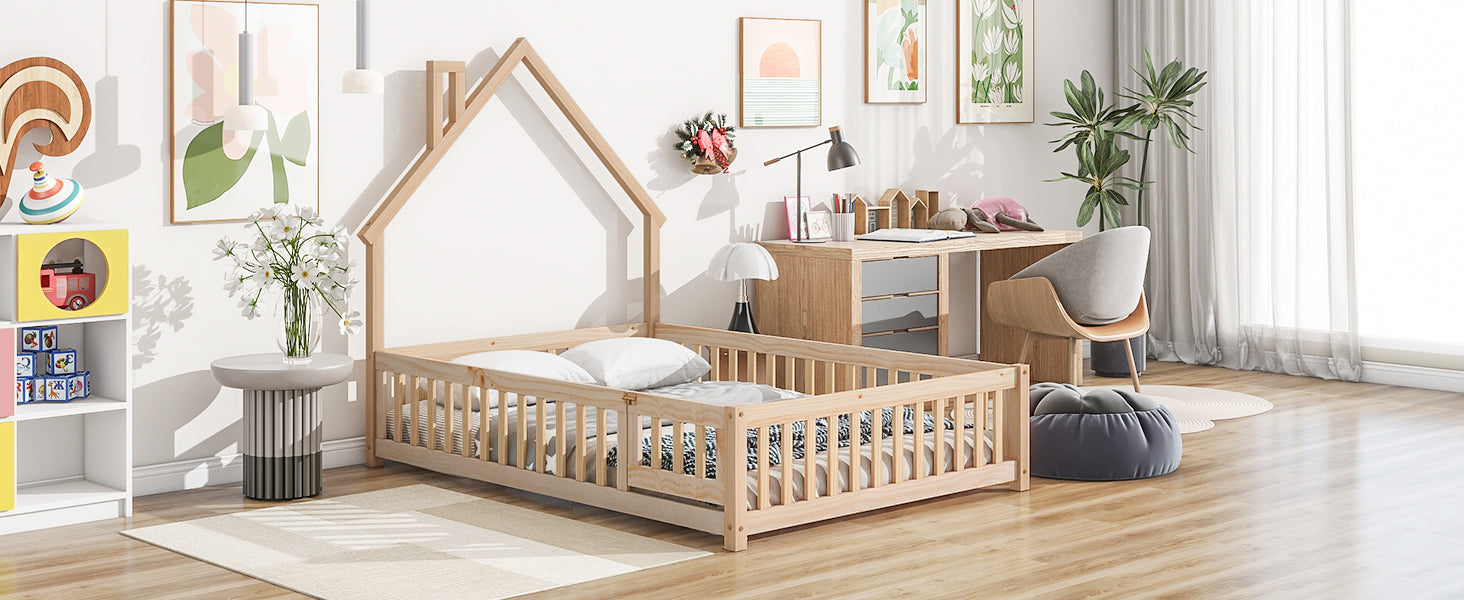Full House Shaped Headboard Floor Bed With Fence,Natural Full Natural Wood Bedroom American Design Pine Bed Frame Pine