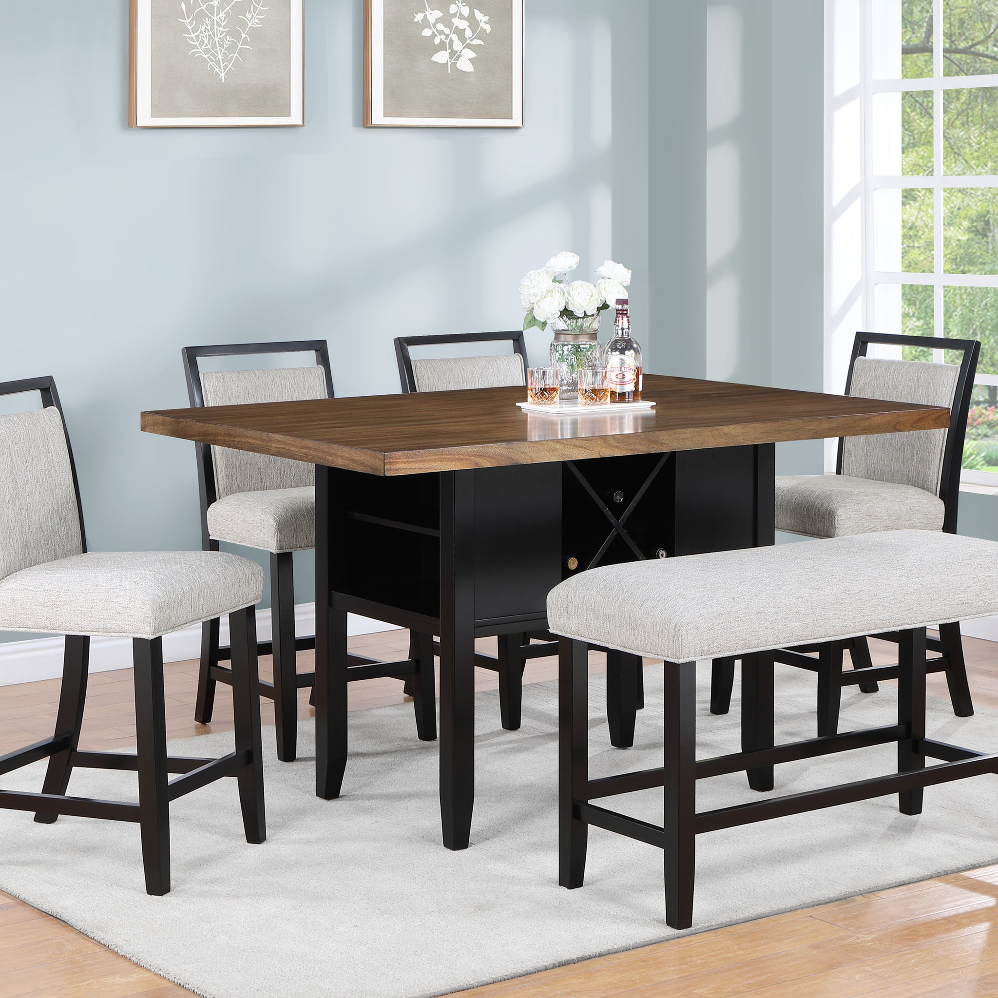 6 Piece Counter Height Dining Set Black Brown Finish Rectangular Table Wine Bottle Storage Upholstery Chairs Bench Shelf Storage Wooden Solid Wood Furniture Wood Dining Room Fixed Table Rectangular Dining Table With Chair And Bench Wood Wood Black Seats