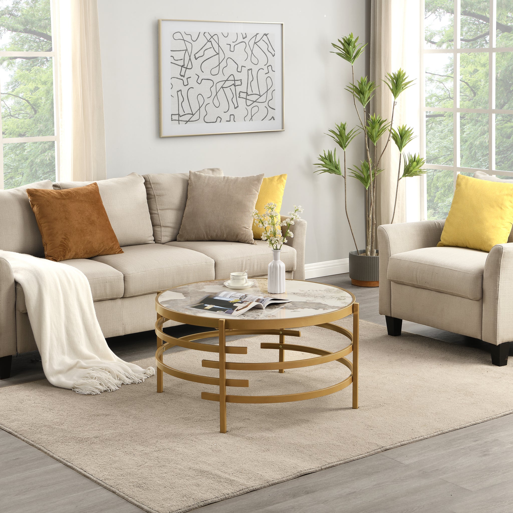 32.48'' Round Coffee Table With Sintered Stone Top&Sturdy Metal Frame, Modern Coffee Table For Living Room, Golden Golden Iron