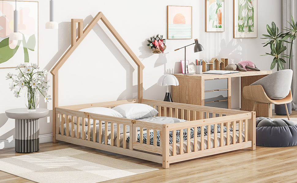 Full House Shaped Headboard Floor Bed With Fence,Natural Full Natural Wood Bedroom American Design Pine Bed Frame Pine