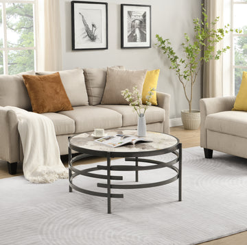 32.48'' Round Coffee Table With Sintered Stone Top&Sturdy Metal Frame, Modern Coffee Table For Living Room, Darker Gray Gray Iron
