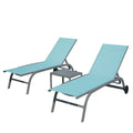 Chaise Lounge Outdoor Set Of 3, Lounge Chairs For Outside With Wheels, Outdoor Lounge Chairs With 5 Adjustable Position, Pool Lounge Chairs For Patio, Beach Turquoise Blue, 2 Lounge Chairs 1 Table Lake Blue Aluminium