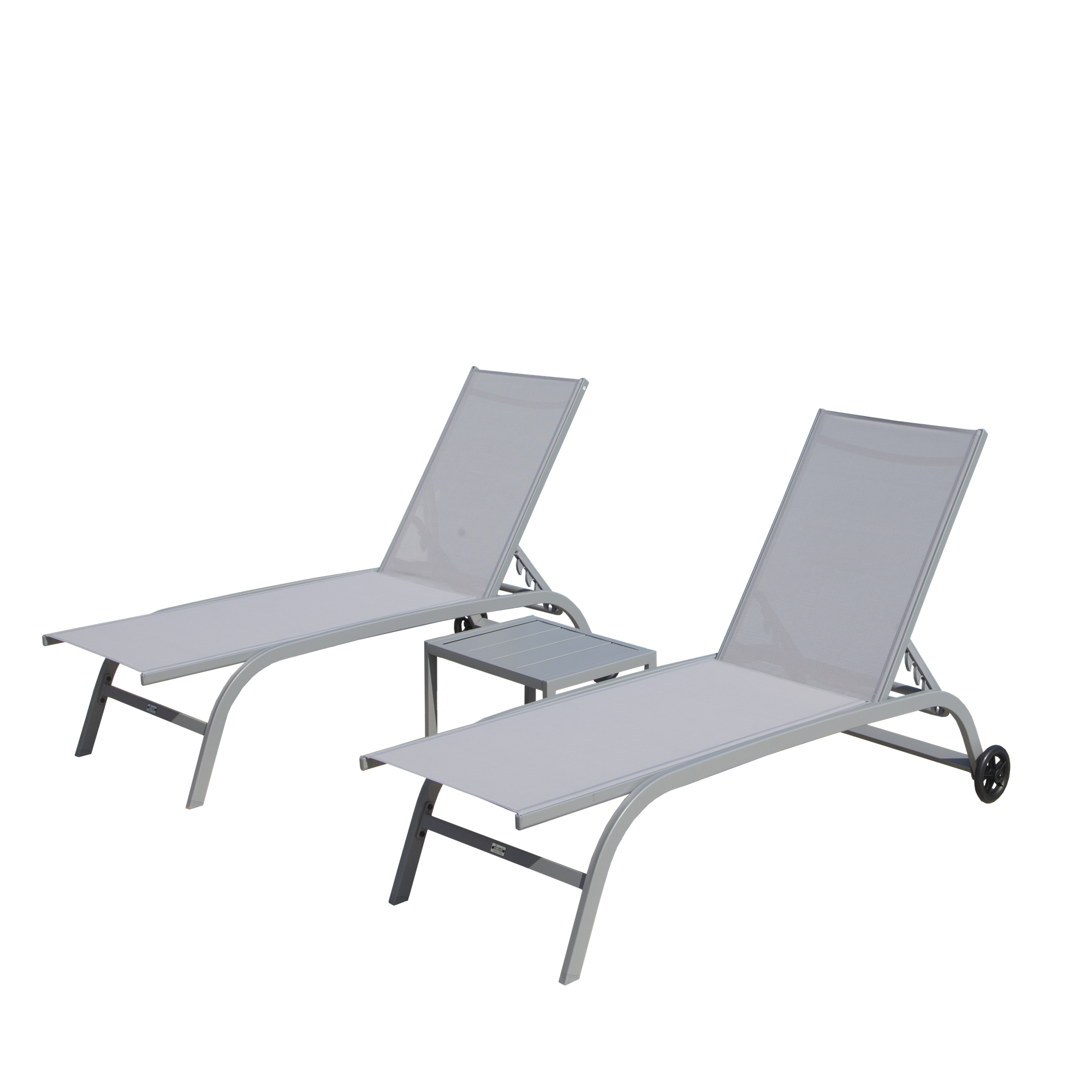 Chaise Lounge Outdoor Set Of 3, Lounge Chairs For Outside With Wheels, Outdoor Lounge Chairs With 5 Adjustable Position, Pool Lounge Chairs For Patio, Beach Grey,2 Lounge Chairs 1 Table Grey Aluminium