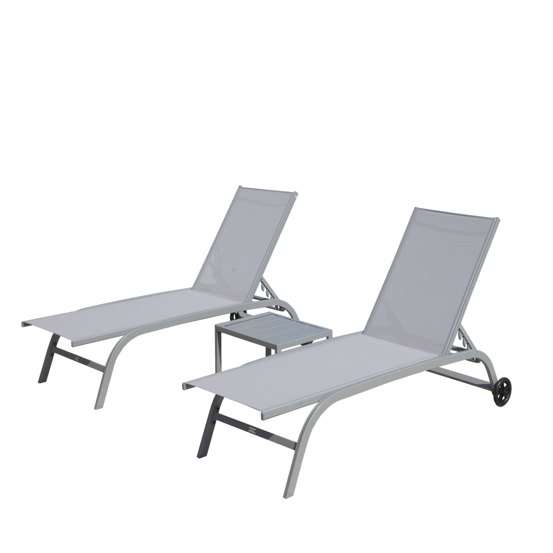 Chaise Lounge Outdoor Set Of 3, Lounge Chairs For Outside With Wheels, Outdoor Lounge Chairs With 5 Adjustable Position, Pool Lounge Chairs For Patio, Beach Grey,2 Lounge Chairs 1 Table Grey Aluminium