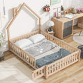 Full House Shaped Headboard Floor Bed With Fence,Natural Full Natural Wood Bedroom American Design Pine Bed Frame Pine