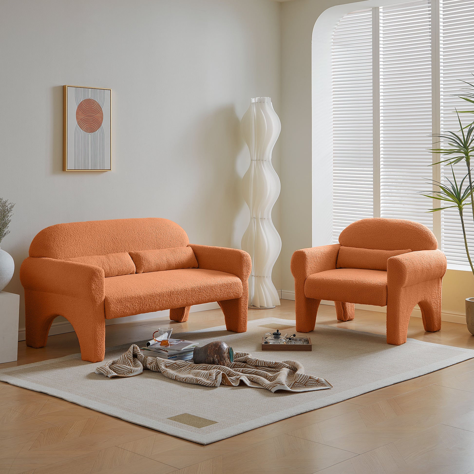 2 Piece Set Sofa Couch,Modern Teddy Fabric Seat & Accent Chair For Living Room Orange Foam
