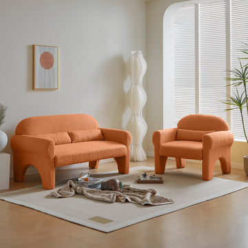 2 Piece Set Sofa Couch,Modern Teddy Fabric Seat & Accent Chair For Living Room Orange Foam