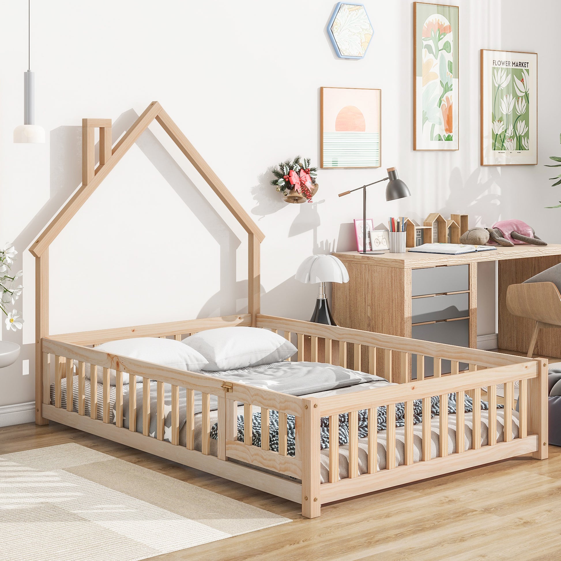 Full House Shaped Headboard Floor Bed With Fence,Natural Full Natural Wood Bedroom American Design Pine Bed Frame Pine