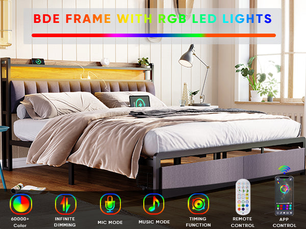 King Bed Frames With Storage Headboard And Drawers, Led Platform Bed Frame King Size, Led Upholstered Bed Frame With Charging Station, No Box Spring Needed, Easy Assembly, Grey Box Spring Not Required King Gray Metal Bedroom Bed Frame Mdf Metal