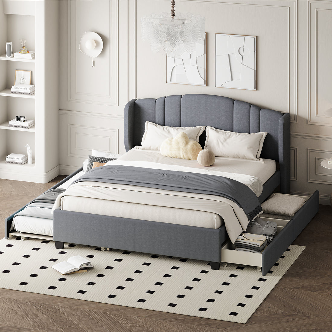Upholstered Platform Bed With Wingback Headboard, One Twin Trundle And 2 Drawers, No Box Spring Needed, Linen Fabric, Queen Size Gray Gray Linen