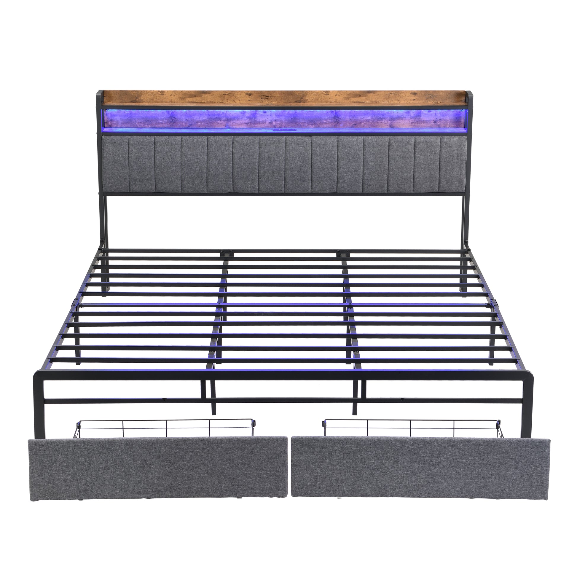 King Bed Frames With Storage Headboard And Drawers, Led Platform Bed Frame King Size, Led Upholstered Bed Frame With Charging Station, No Box Spring Needed, Easy Assembly, Grey Box Spring Not Required King Gray Metal Bedroom Bed Frame Mdf Metal
