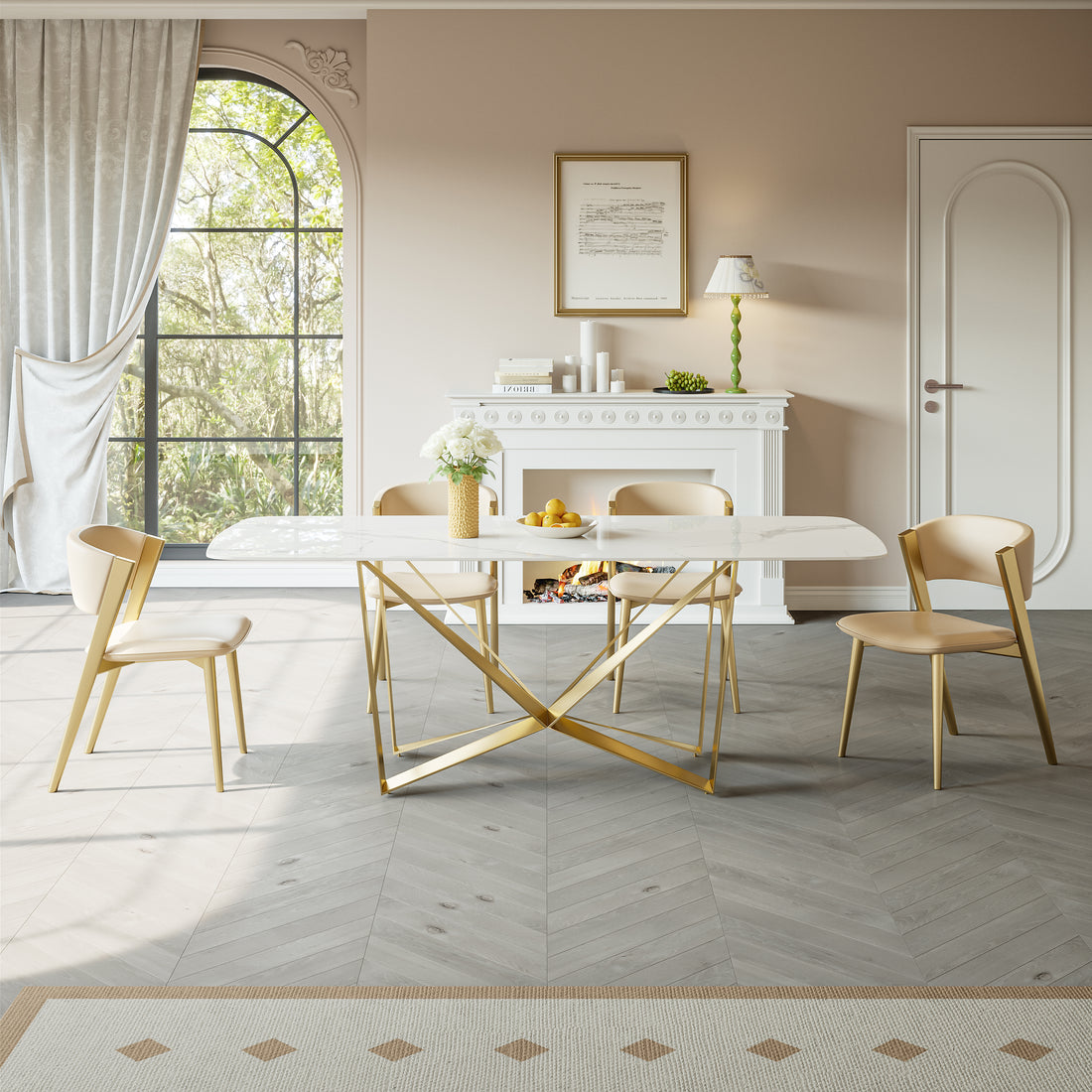 Titanium Gold Stainless Steel Dining Table With Polished Snow Mountain Stone Surface Supports Up To 94.5 Kg Excluding Chairs White Stainless Steel