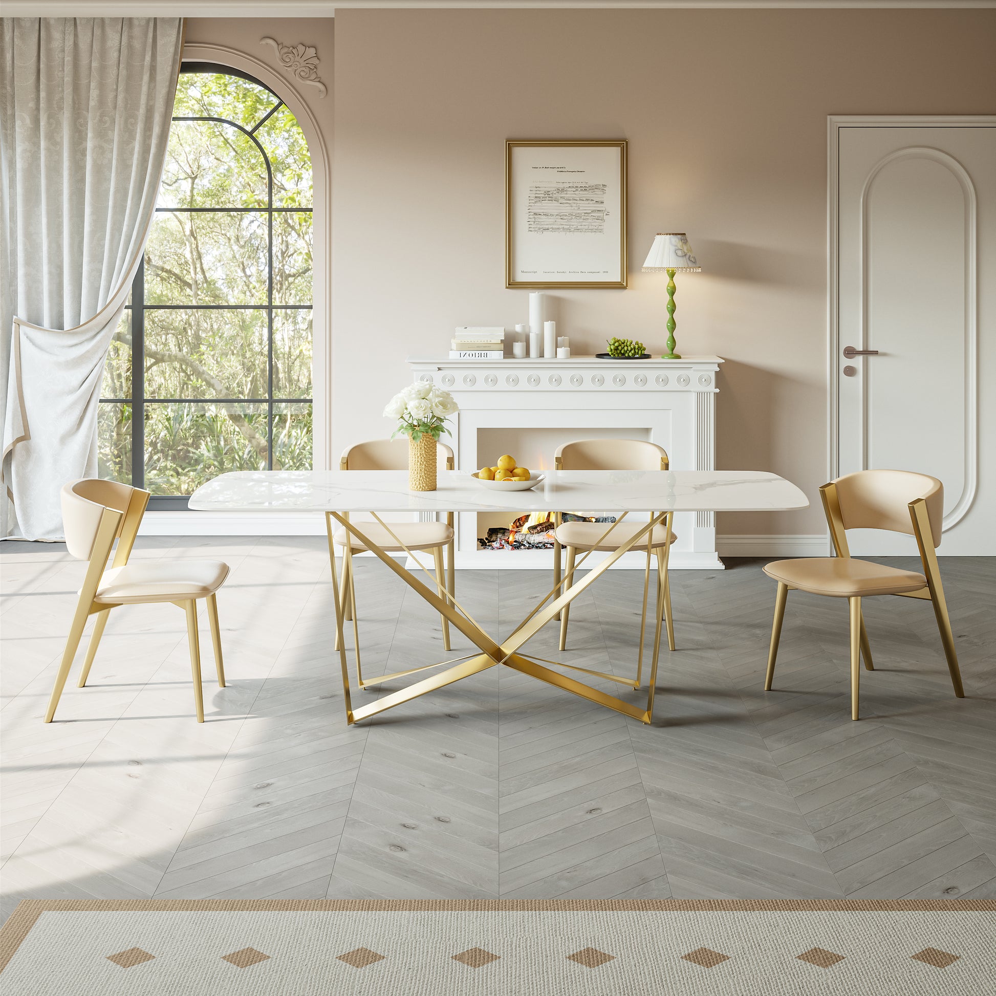 Titanium Gold Stainless Steel Dining Table With Polished Snow Mountain Stone Surface Supports Up To 94.5 Kg Excluding Chairs White Stainless Steel