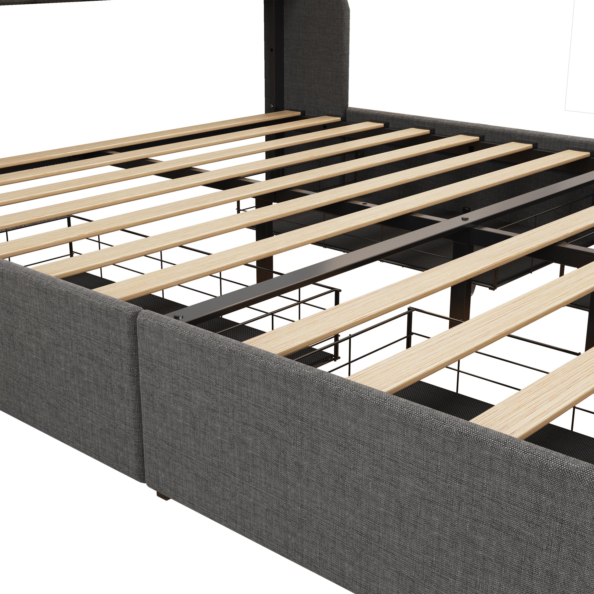 Full Size Bed Frame With Led, 4 Under Bed Portable Storage Drawers, Wings Headboard Design, Dark Grey Box Spring Not Required Full Dark Grey Metal Bedroom Bed Frame Upholstered Linen Upholstered