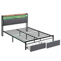 Queen Bed Frames With Storage Headboard And Drawers, Led Platform Bed Frame Queen Size, Led Upholstered Bed Frame With Charging Station, No Box Spring Needed, Easy Assembly, Grey Box Spring Not Required Gray Metal Bedroom Bed Frame Mdf Metal