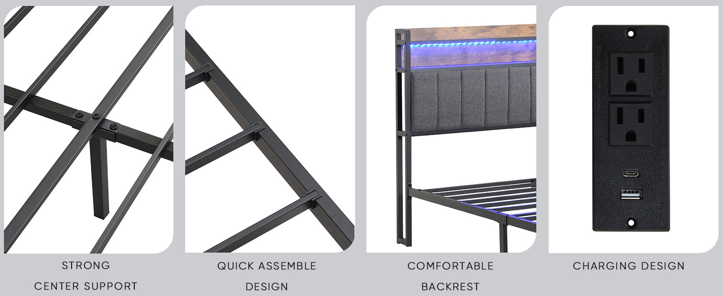 King Bed Frames With Storage Headboard And Drawers, Led Platform Bed Frame King Size, Led Upholstered Bed Frame With Charging Station, No Box Spring Needed, Easy Assembly, Grey Box Spring Not Required King Gray Metal Bedroom Bed Frame Mdf Metal