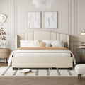 Upholstered Platform Bed With Wingback Headboard, One Twin Trundle And 2 Drawers, No Box Spring Needed, Linen Fabric, Queen Size Beige Beige Linen