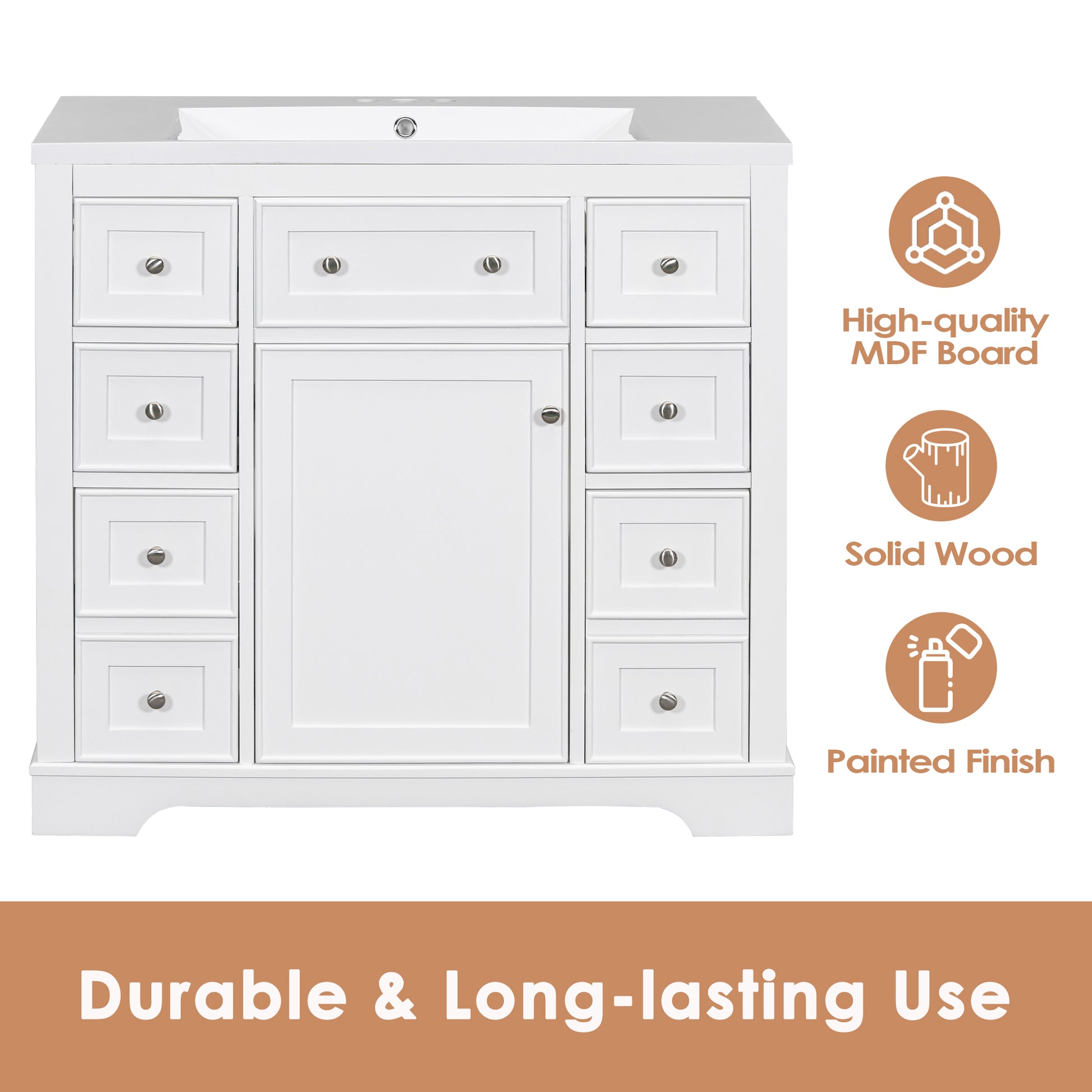36" Bathroom Vanity Without Sink, Cabinet Base Only, Six Drawers, Multi Functional Drawer Divider, Adjustable Shelf, White White Solid Wood Mdf