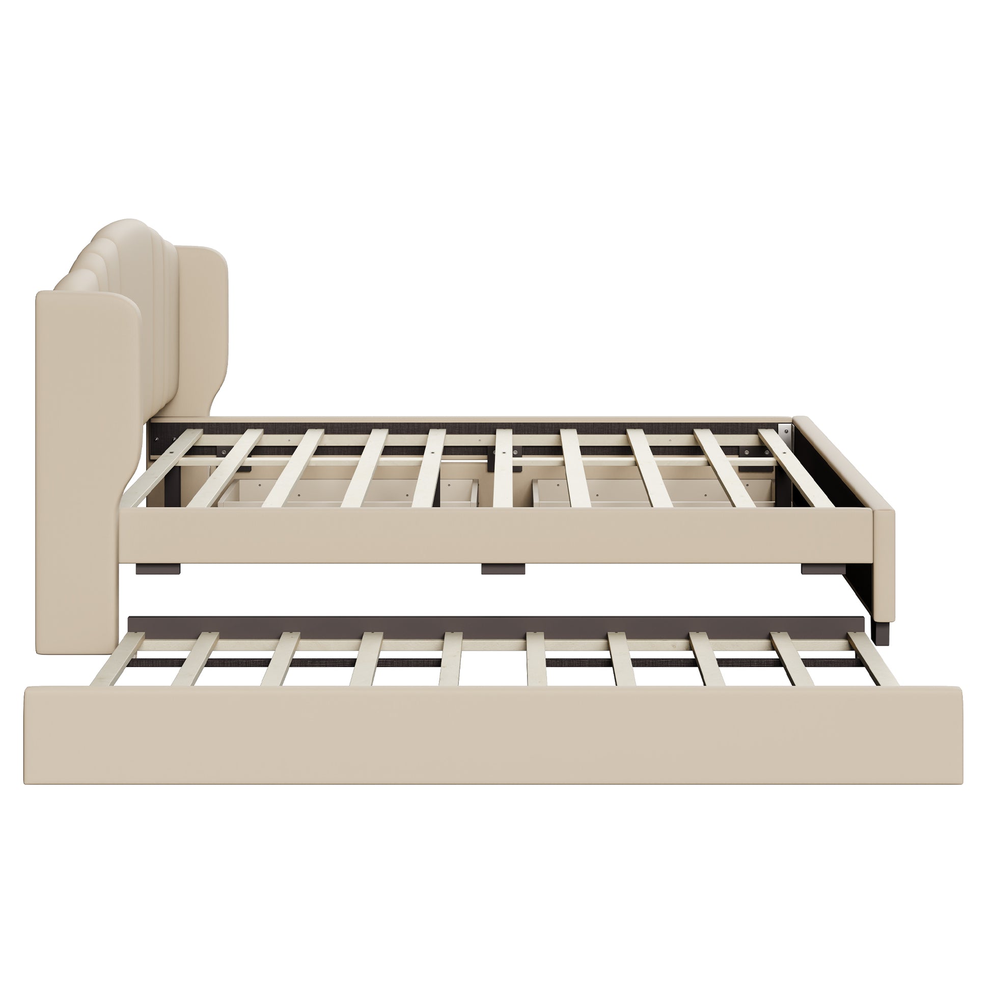 Upholstered Platform Bed With Wingback Headboard, One Twin Trundle And 2 Drawers, No Box Spring Needed, Linen Fabric, Queen Size Beige Beige Linen