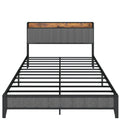 Queen Size Bed Frame With Charging Station, Upholstered Headboard, Metal Platform, Grey Box Spring Not Required Queen Dark Gray Metal Bedroom Bed Frame Upholstered Linen Metal