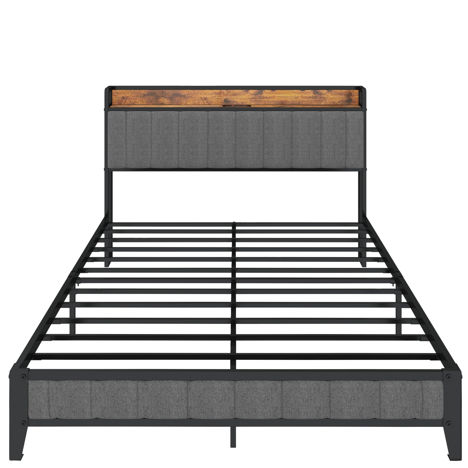 Queen Size Bed Frame With Charging Station, Upholstered Headboard, Metal Platform, Grey Box Spring Not Required Queen Dark Gray Metal Bedroom Bed Frame Upholstered Linen Metal