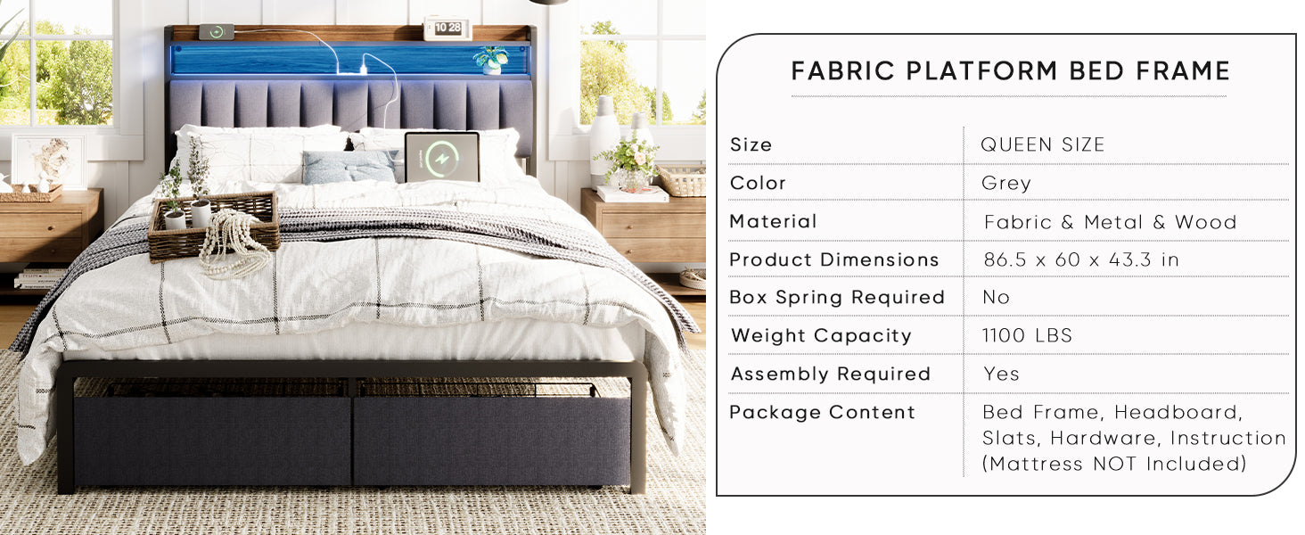 Queen Bed Frames With Storage Headboard And Drawers, Led Platform Bed Frame Queen Size, Led Upholstered Bed Frame With Charging Station, No Box Spring Needed, Easy Assembly, Grey Box Spring Not Required Gray Metal Bedroom Bed Frame Mdf Metal