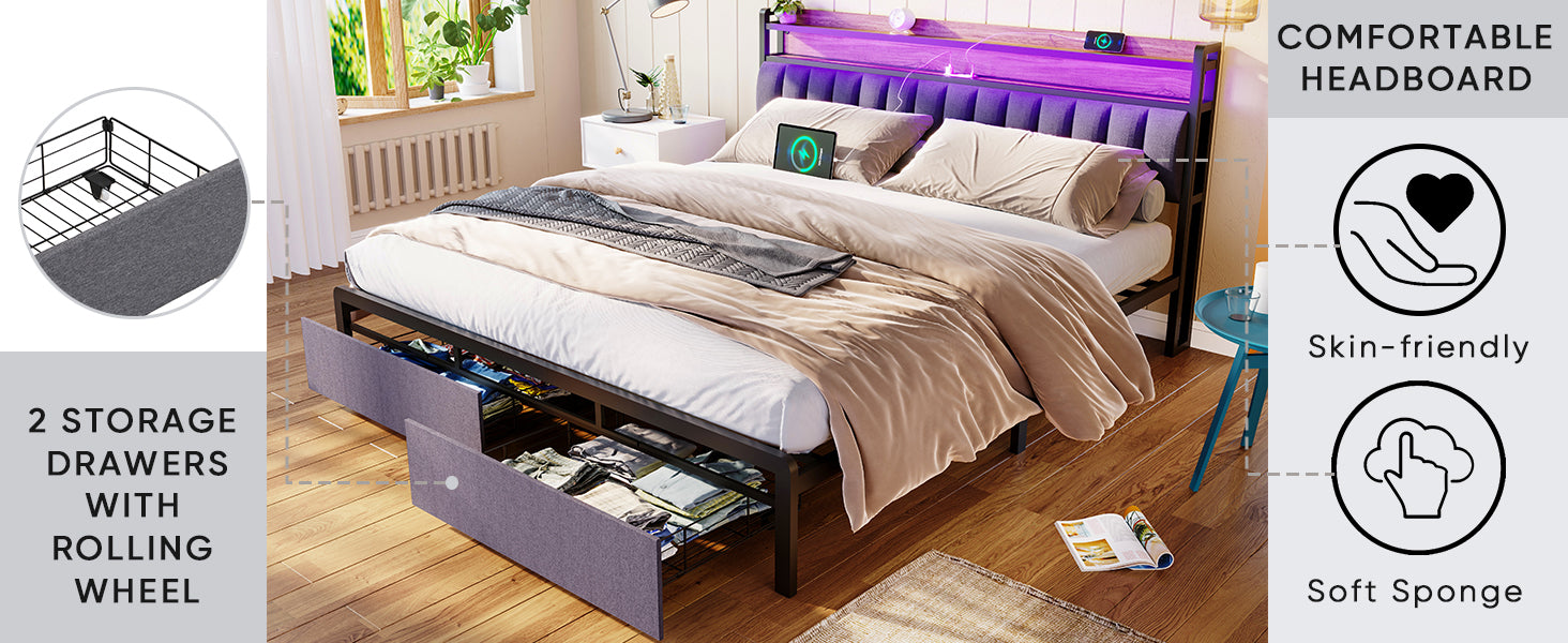 King Bed Frames With Storage Headboard And Drawers, Led Platform Bed Frame King Size, Led Upholstered Bed Frame With Charging Station, No Box Spring Needed, Easy Assembly, Grey Box Spring Not Required King Gray Metal Bedroom Bed Frame Mdf Metal