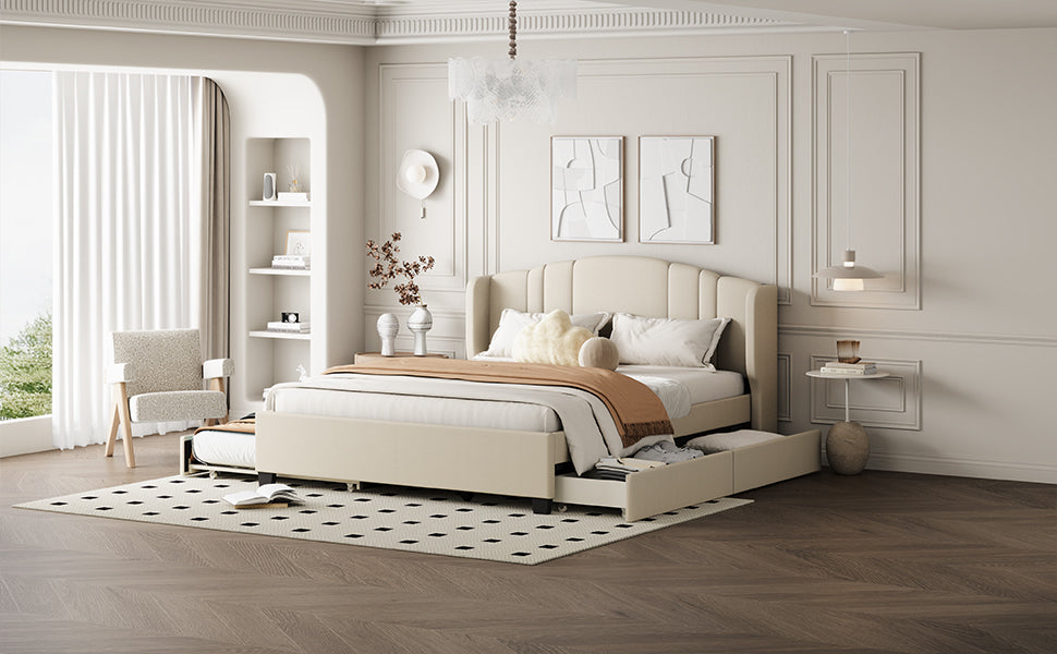 Upholstered Platform Bed With Wingback Headboard, One Twin Trundle And 2 Drawers, No Box Spring Needed, Linen Fabric, Queen Size Beige Beige Linen