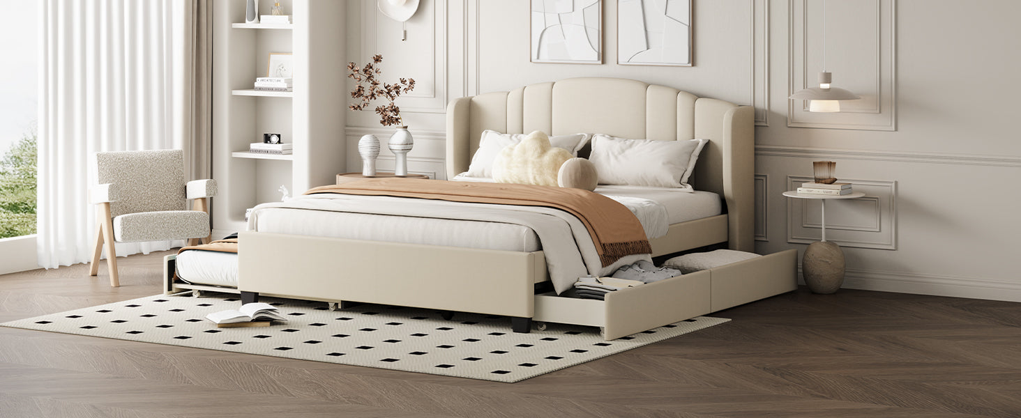Upholstered Platform Bed With Wingback Headboard, One Twin Trundle And 2 Drawers, No Box Spring Needed, Linen Fabric, Queen Size Beige Beige Linen