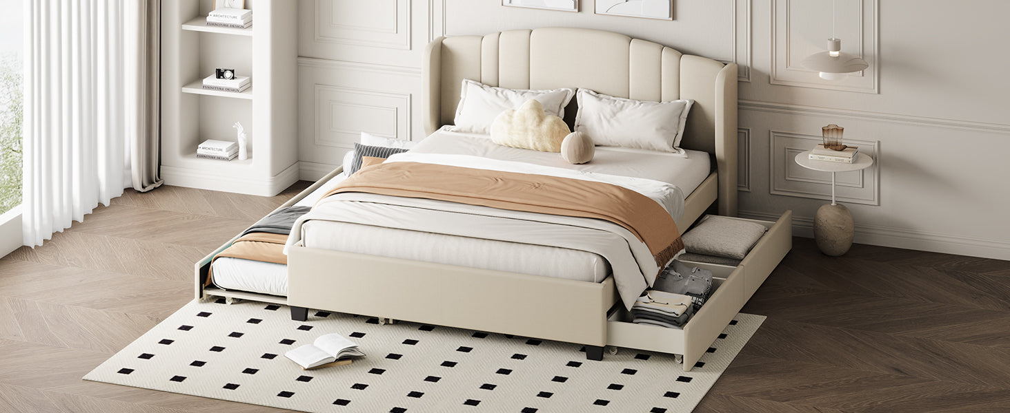 Upholstered Platform Bed With Wingback Headboard, One Twin Trundle And 2 Drawers, No Box Spring Needed, Linen Fabric, Queen Size Beige Beige Linen