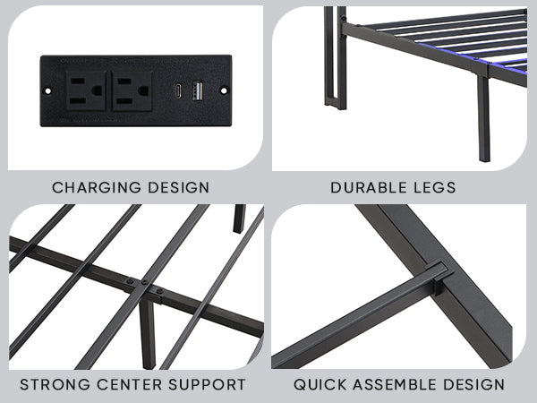 King Bed Frames With Storage Headboard And Drawers, Led Platform Bed Frame King Size, Led Upholstered Bed Frame With Charging Station, No Box Spring Needed, Easy Assembly, Grey Box Spring Not Required King Gray Metal Bedroom Bed Frame Mdf Metal