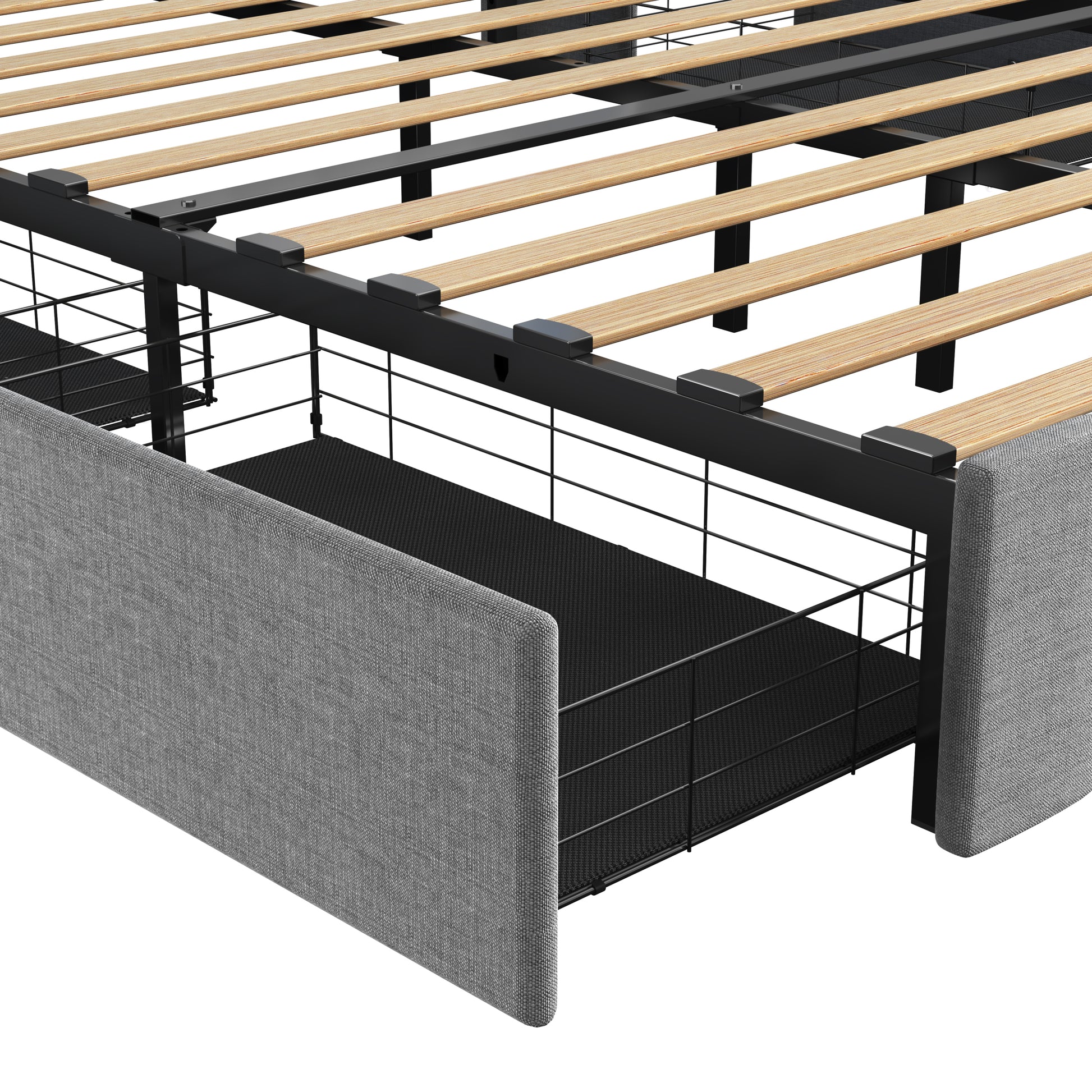 Queen Size Bed Frame With Led, 4 Under Bed Portable Storage Drawers, Wings Headboard Design, Light Grey Box Spring Not Required Queen Light Grey Metal Bedroom Bed Frame Upholstered Linen Upholstered