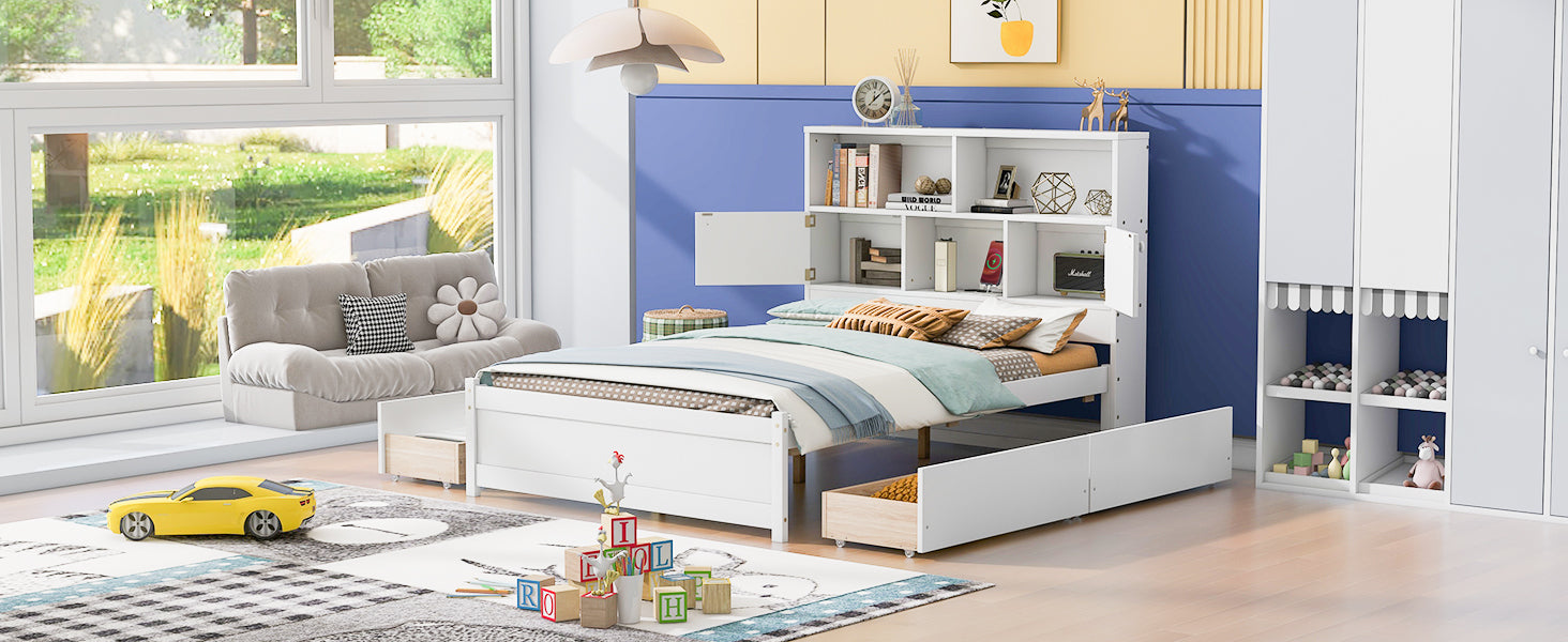 Full Size Platform Bed With Storage Headboard, Charging Station And 4 Drawers, White Box Spring Not Required Full White Wood Bedroom Bed Frame Solid Wood Mdf