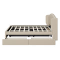 Upholstered Platform Bed With Wingback Headboard, One Twin Trundle And 2 Drawers, No Box Spring Needed, Linen Fabric, Queen Size Beige Beige Linen