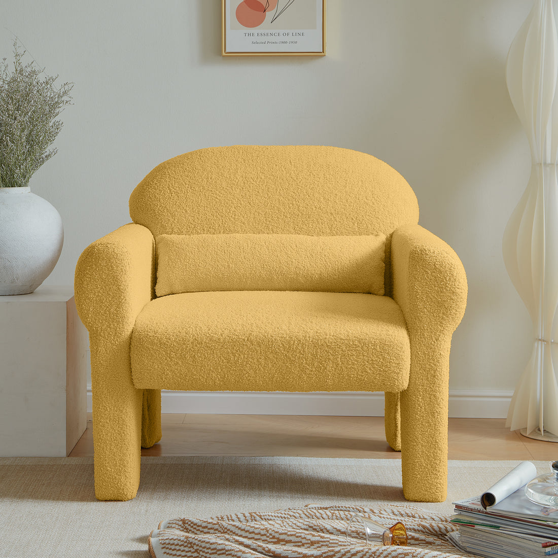 Modern Boucle Accent Chair With Lumbar Pillow For Living Room Antique Yellow Fabric 1 Seat