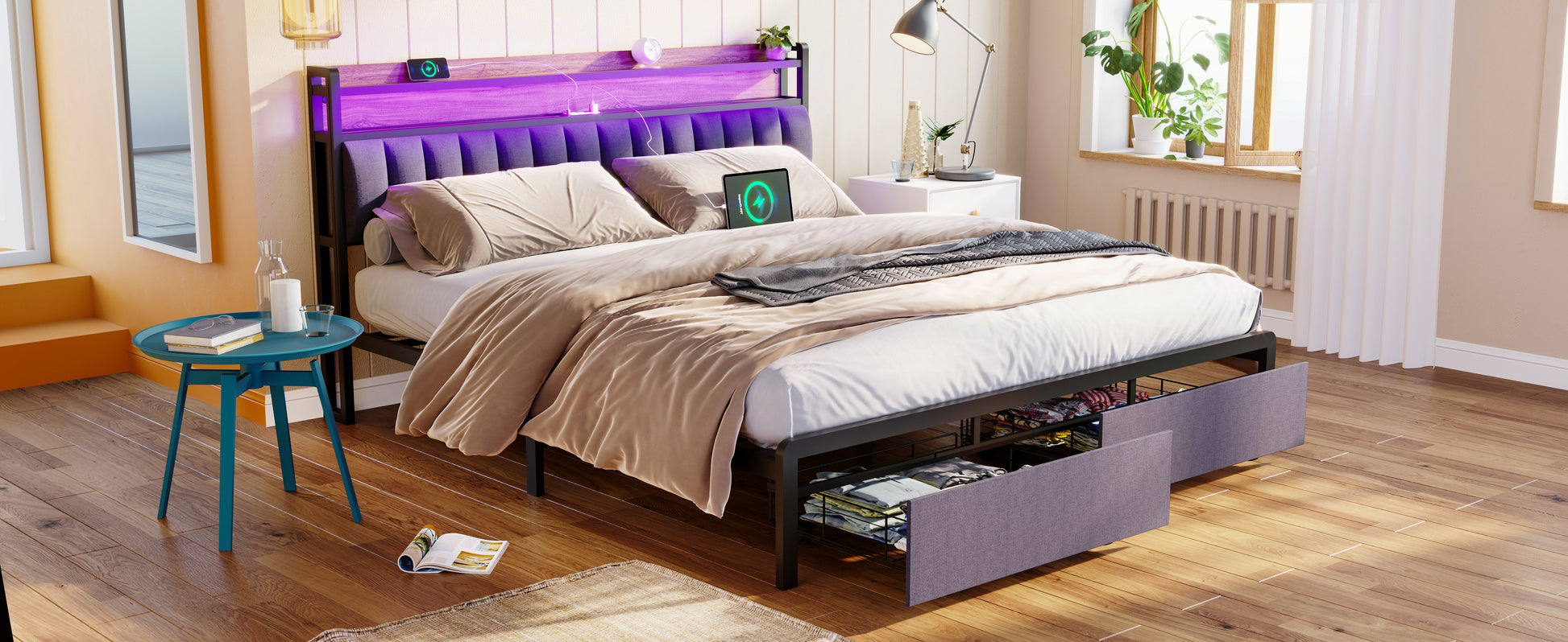 King Bed Frames With Storage Headboard And Drawers, Led Platform Bed Frame King Size, Led Upholstered Bed Frame With Charging Station, No Box Spring Needed, Easy Assembly, Grey Box Spring Not Required King Gray Metal Bedroom Bed Frame Mdf Metal