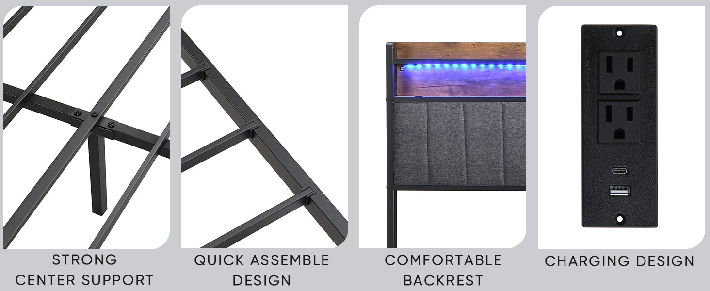 Queen Bed Frames With Storage Headboard And Drawers, Led Platform Bed Frame Queen Size, Led Upholstered Bed Frame With Charging Station, No Box Spring Needed, Easy Assembly, Grey Box Spring Not Required Gray Metal Bedroom Bed Frame Mdf Metal