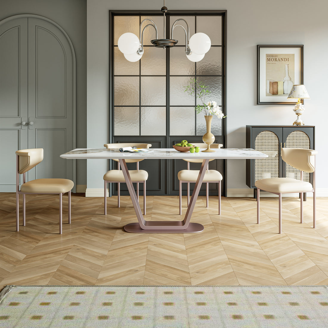 Pandora Carbon Steel And Red Copper Dining Table With Rock Plate Heavy Duty, Supports Up To 94.5 Kg Excluding Chairs White Carbon Steel