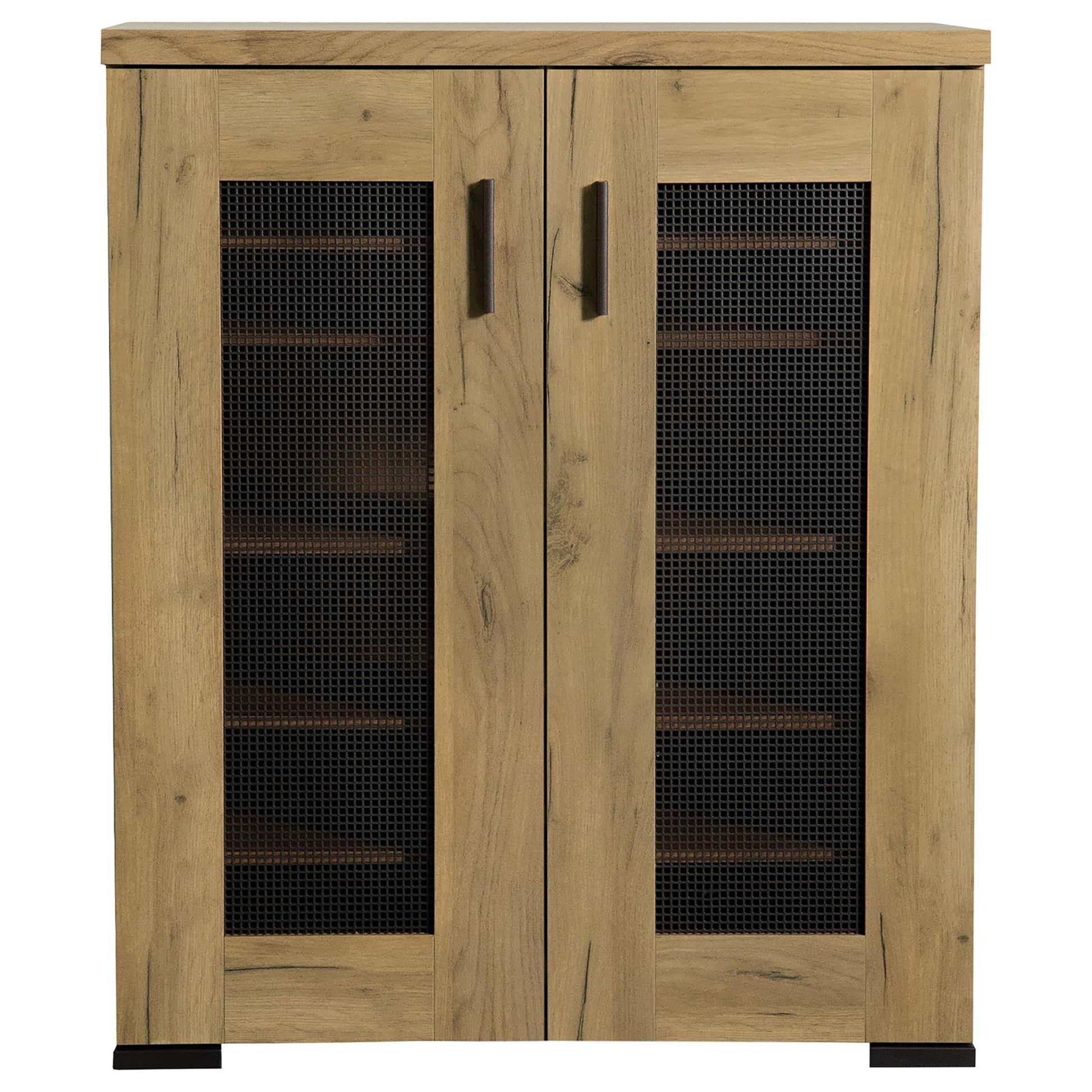 Golden Oak And Black Mesh Door Accent Cabinet Standard 5 Or More Shelves Oak Brown Light Brown Primary Living Space Adjustable Shelves Farmhouse,Rustic Wood