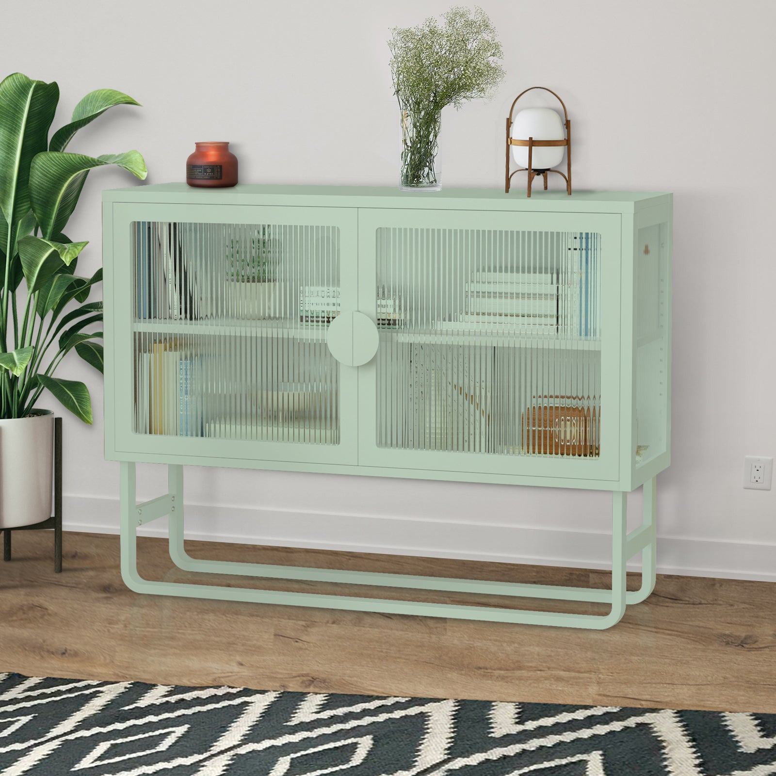 Stylish Tempered Glass Cabinet Credenza With 2 Fluted Glass Doors Adjustable Shelf U Shaped Leg Anti Tip Dust Free Enclosed Cupboard For Kitchen Living Room Light Green Light Green Tempered Glass