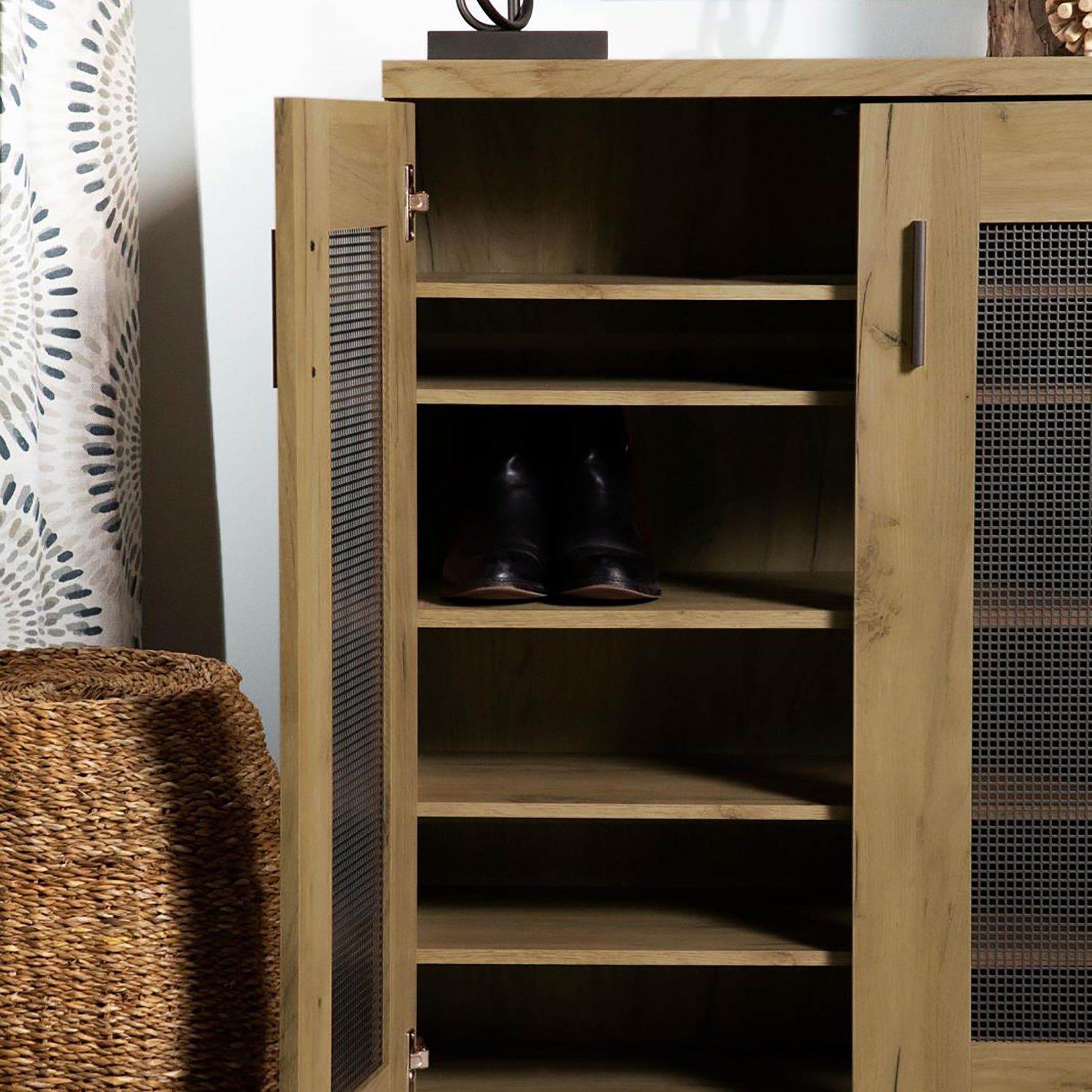 Golden Oak And Black Mesh Door Accent Cabinet Standard 5 Or More Shelves Oak Brown Light Brown Primary Living Space Adjustable Shelves Farmhouse,Rustic Wood